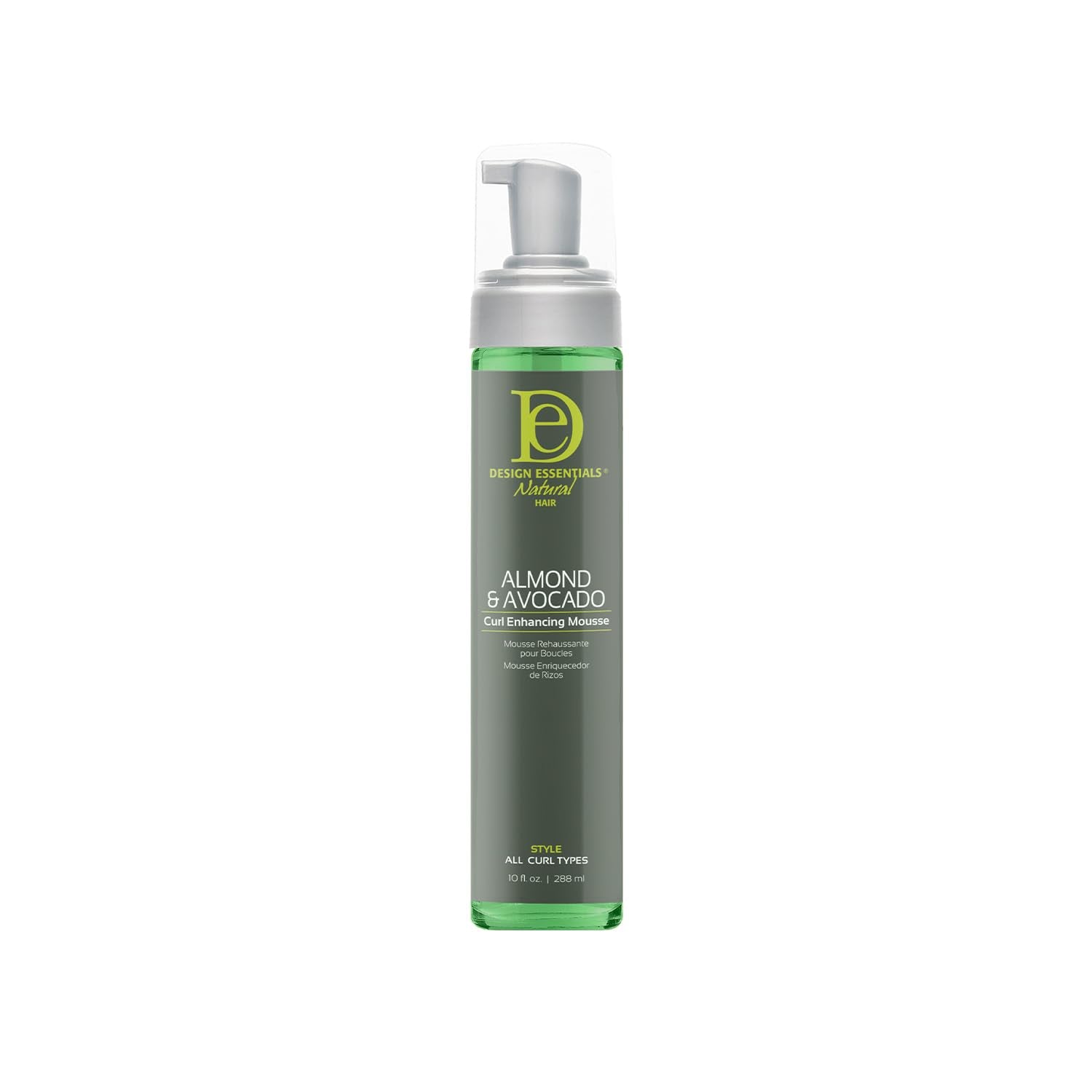 Design Essentials Curl Enhancing Mousse 10oz bottle close-up showing defined curls and shine