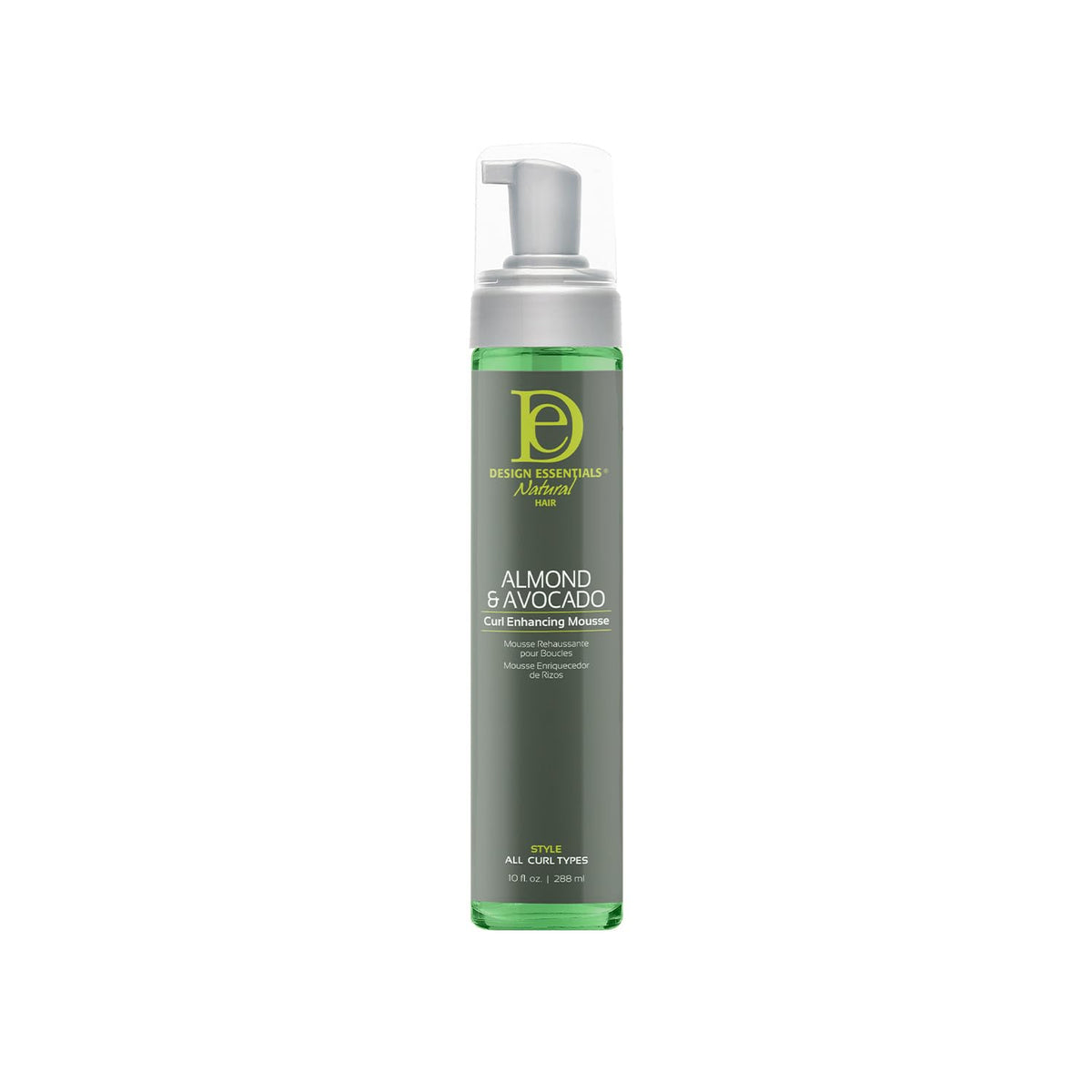 Design Essentials Curl Enhancing Mousse 10oz bottle close-up showing defined curls and shine