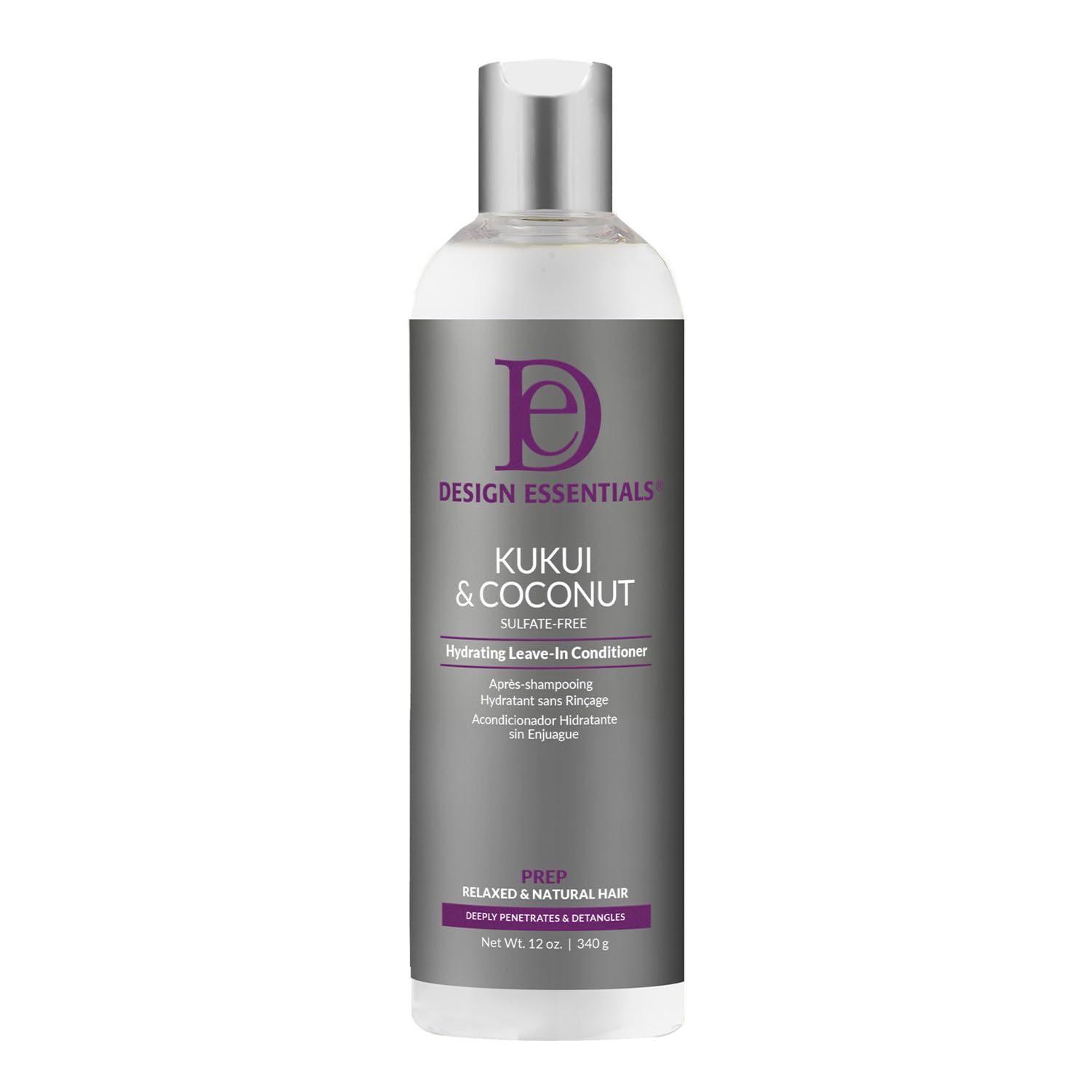 Acondicionador sin enjuague Design Essentials Kukui & Coconut, botella derramando, hidratación intensa para cabello seco.