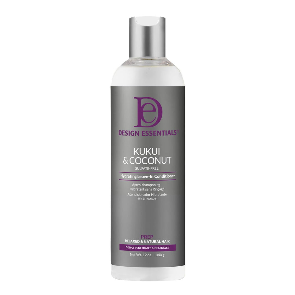 Acondicionador sin enjuague Design Essentials Kukui & Coconut, botella derramando, hidratación intensa para cabello seco.