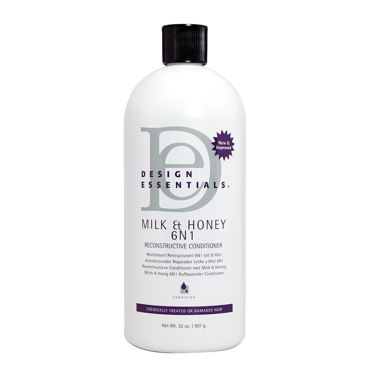 Design Essentials Milk & Honey 6N1 conditioner bottle with reparative formula to reduce breakage.
