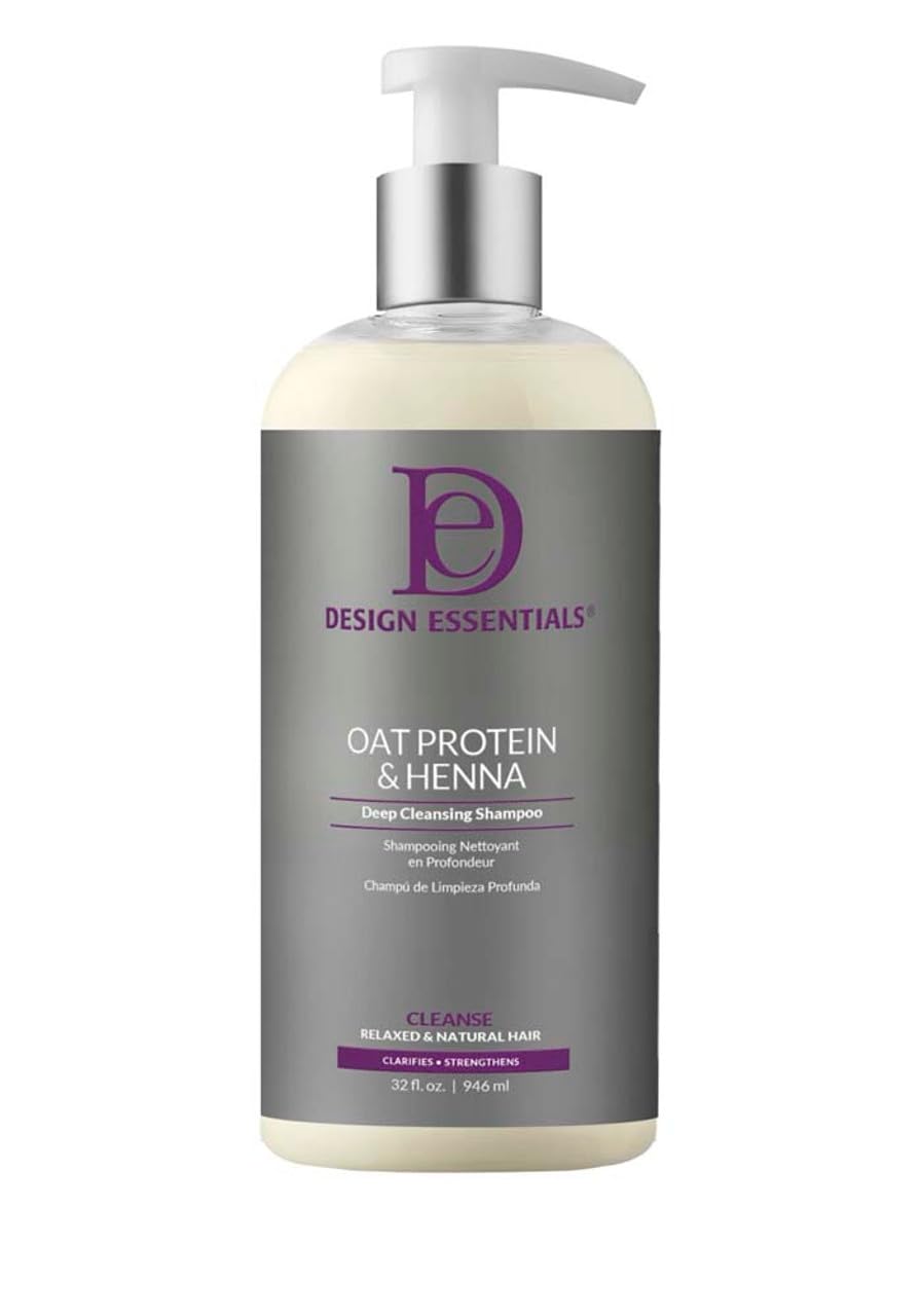Design Essentials oat protein henna bottle close-up for gentle cleansing and buildup removal