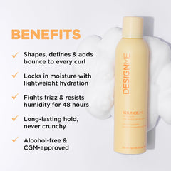 Design.Me BOUNCE.ME Curl Mousse bottle close-up highlighting lightweight, alcohol-free formula.