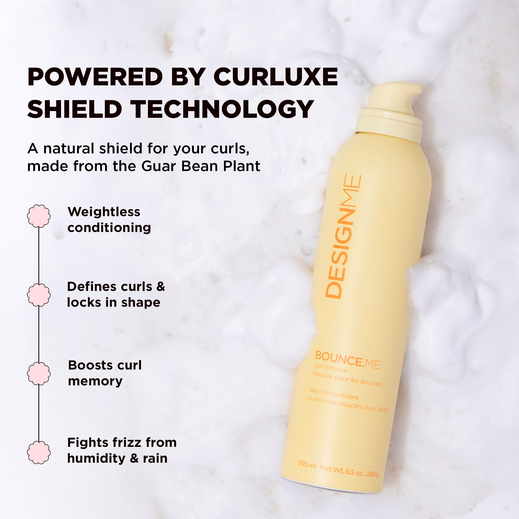 Design.Me BOUNCE.ME Curl Mousse curl definition close-up with bouncy, lasting texture.