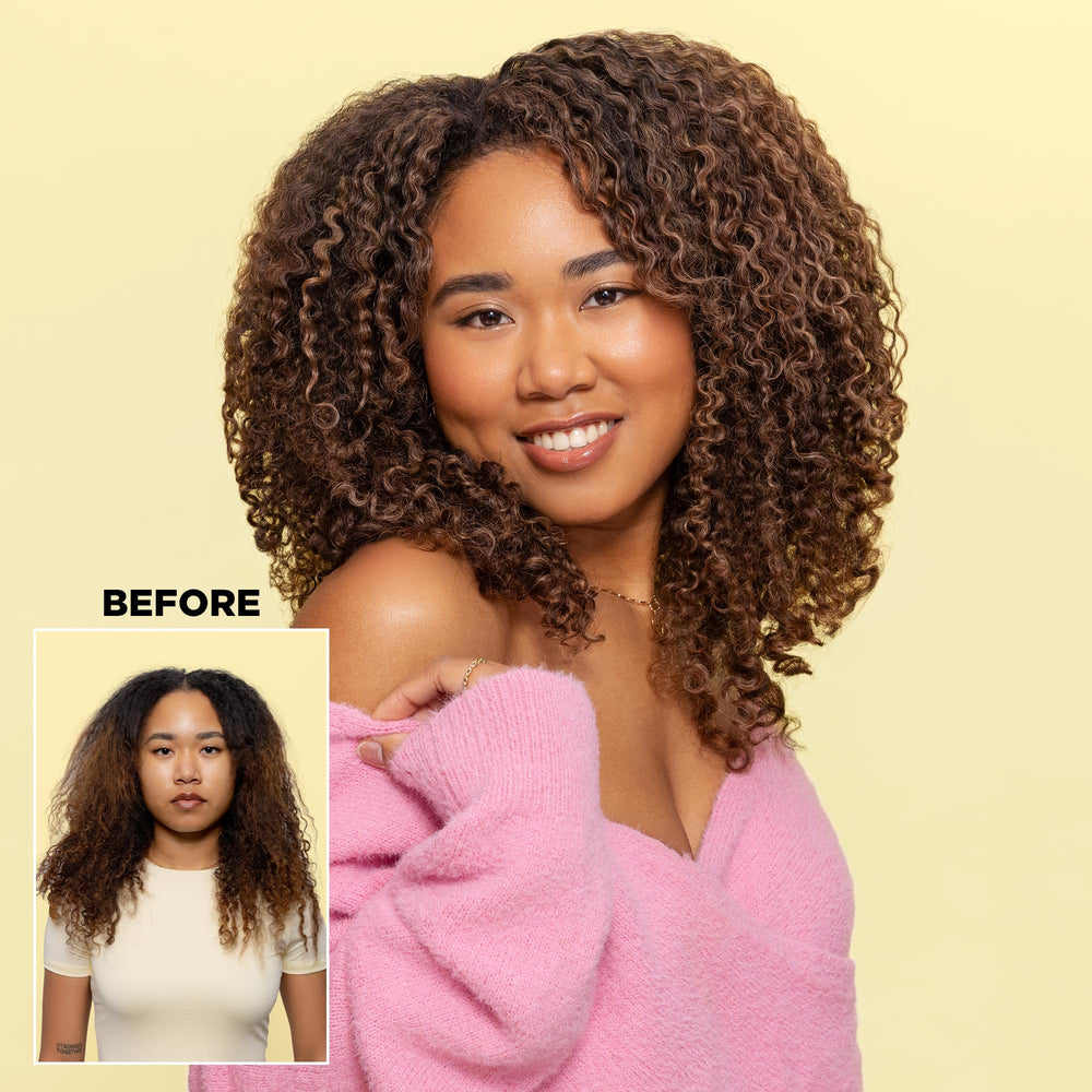 Design.Me BOUNCE.ME Curl Mousse dispensing action demonstrating controlled foam for defined curls.