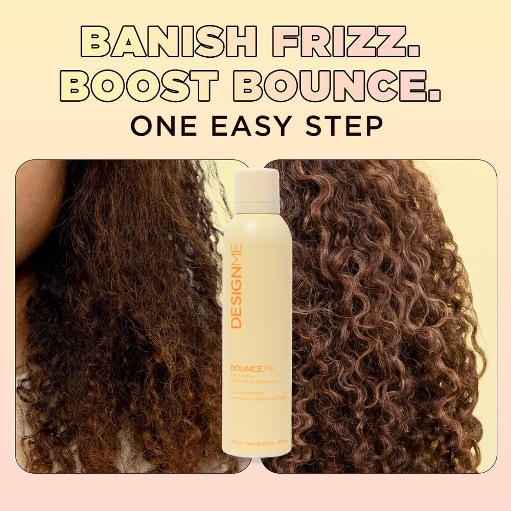 Design.Me BOUNCE.ME Curl Mousse foam on damp hair for smooth, frizz-free curl shaping.