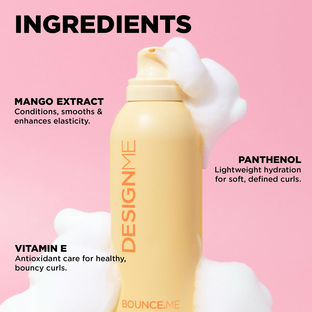 Design.Me BOUNCE.ME Curl Mousse humidity-resistance scene showing up to 48 hours hold.