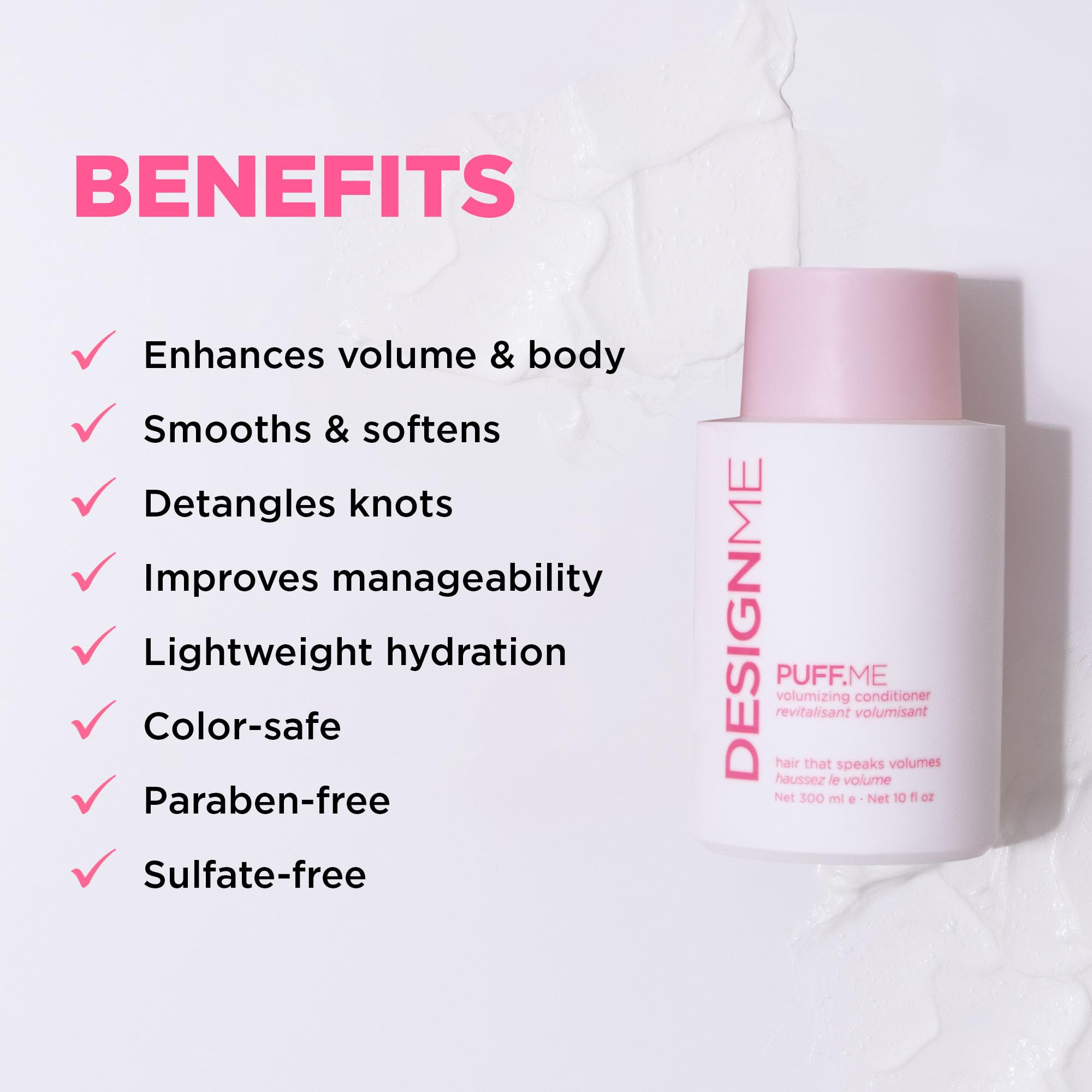 Design.Me Puff.ME conditioner close-up on glossy hair.
