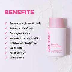 Design.Me Puff.ME conditioner close-up on glossy hair.