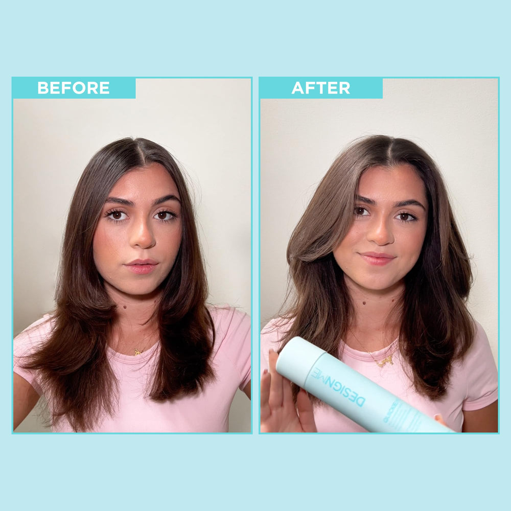 Design.Me QUICKIE.ME Dry Shampoo spray application demonstrates quick root refresh.