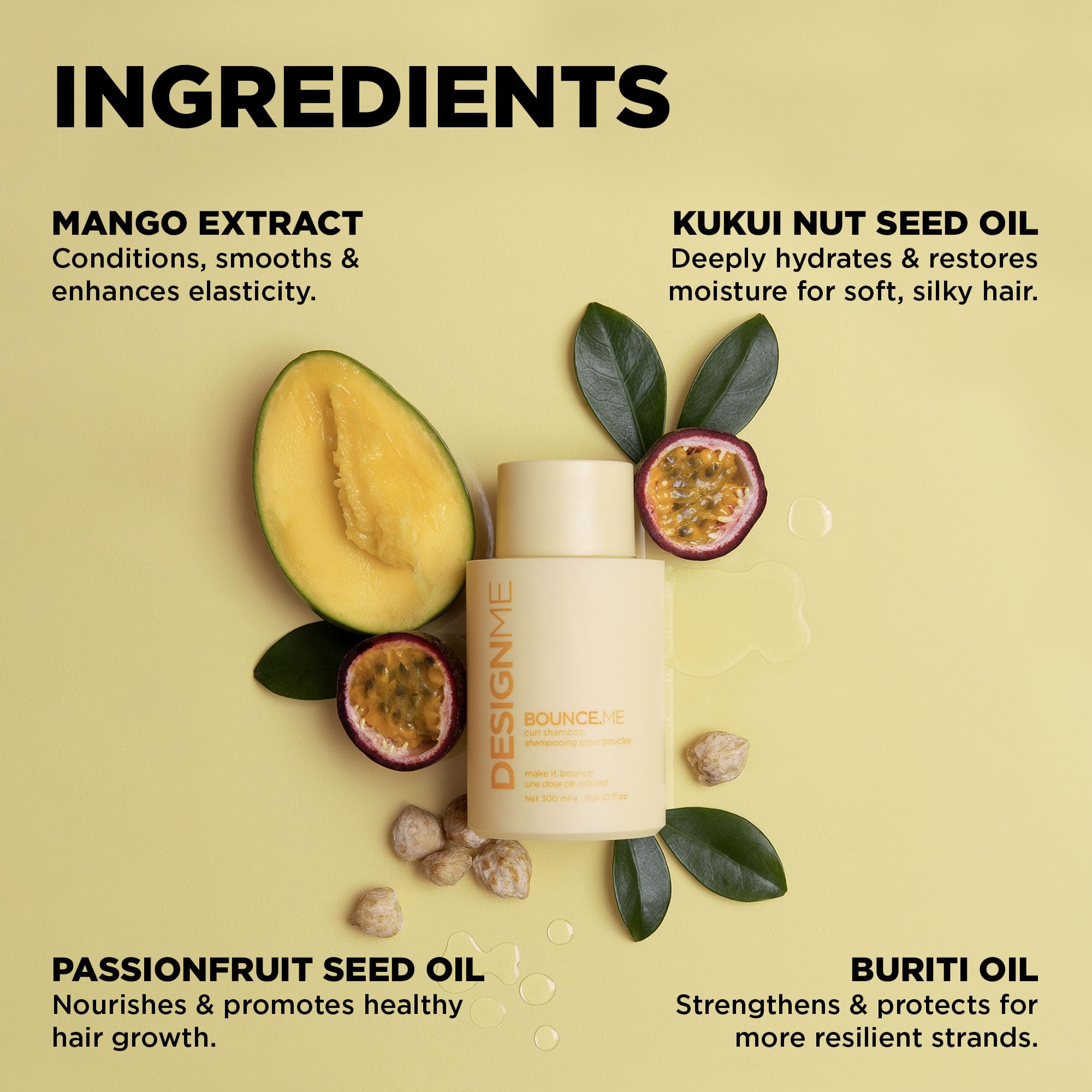 Design.Me Bounce.ME Shampoo close-up with kukui nut seed oil for hydration.