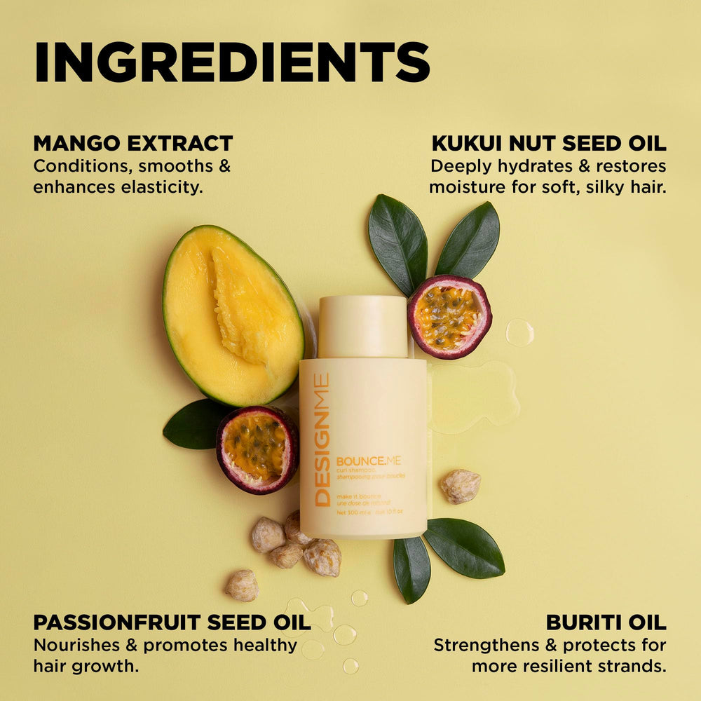 Design.Me Bounce.ME Shampoo close-up with kukui nut seed oil for hydration.