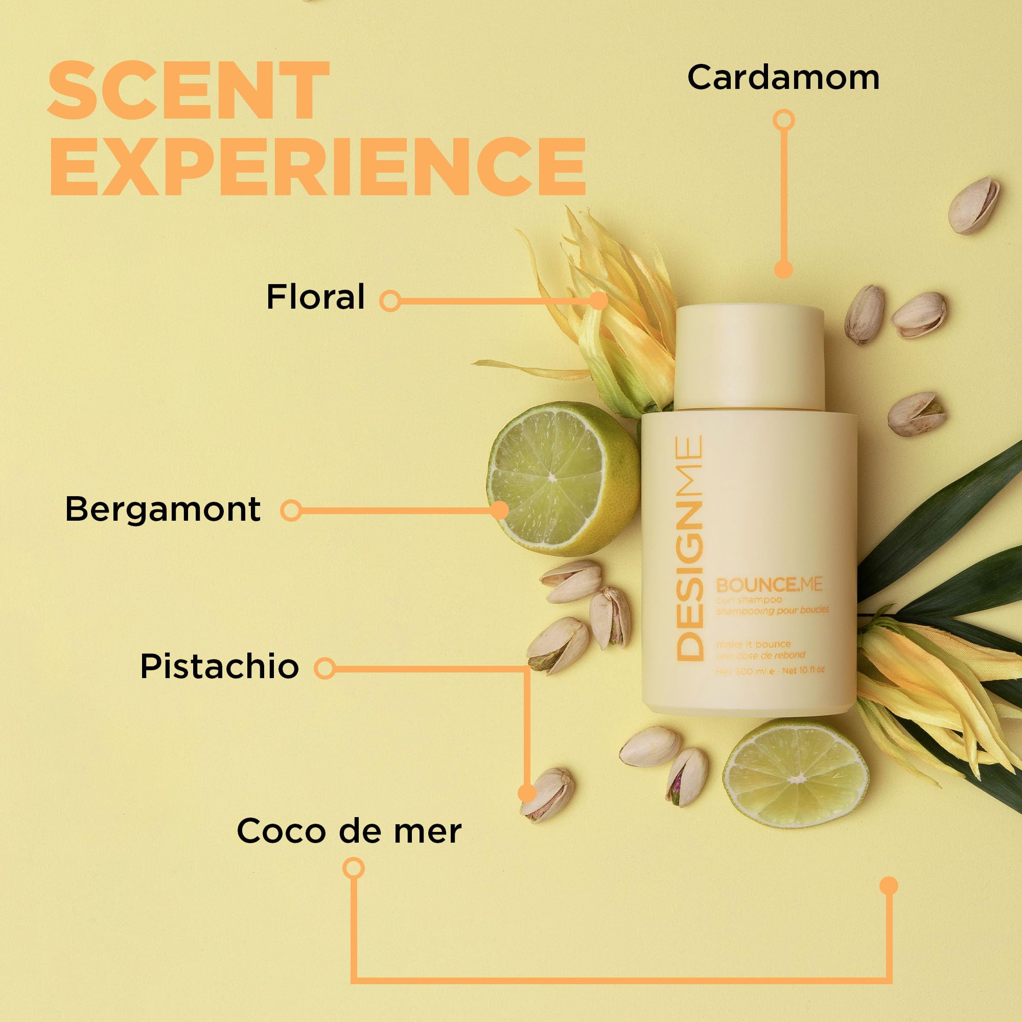 Design.Me Bounce.ME Shampoo shown with buriti oil for nourishing frizz control.
