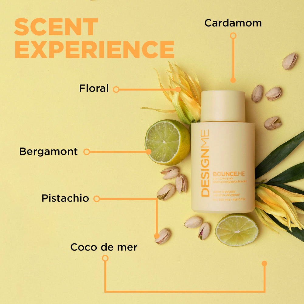 Design.Me Bounce.ME Shampoo shown with buriti oil for nourishing frizz control.
