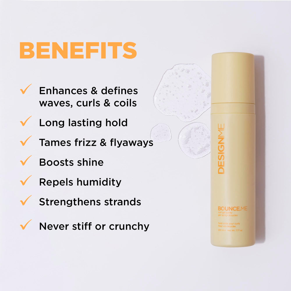 BOUNCE.ME spray application on curls shows even distribution and renewal.