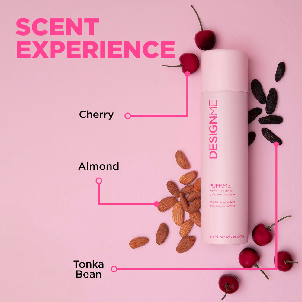 PUFF.ME bottle next to styled, airy hair