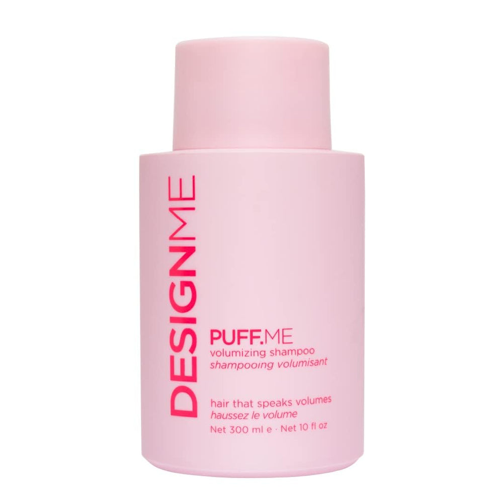 Design.Me PUFF.ME bottle pouring, highlighting easy application and volume boost.