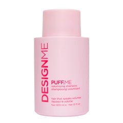 Design.Me PUFF.ME bottle pouring, highlighting easy application and volume boost.