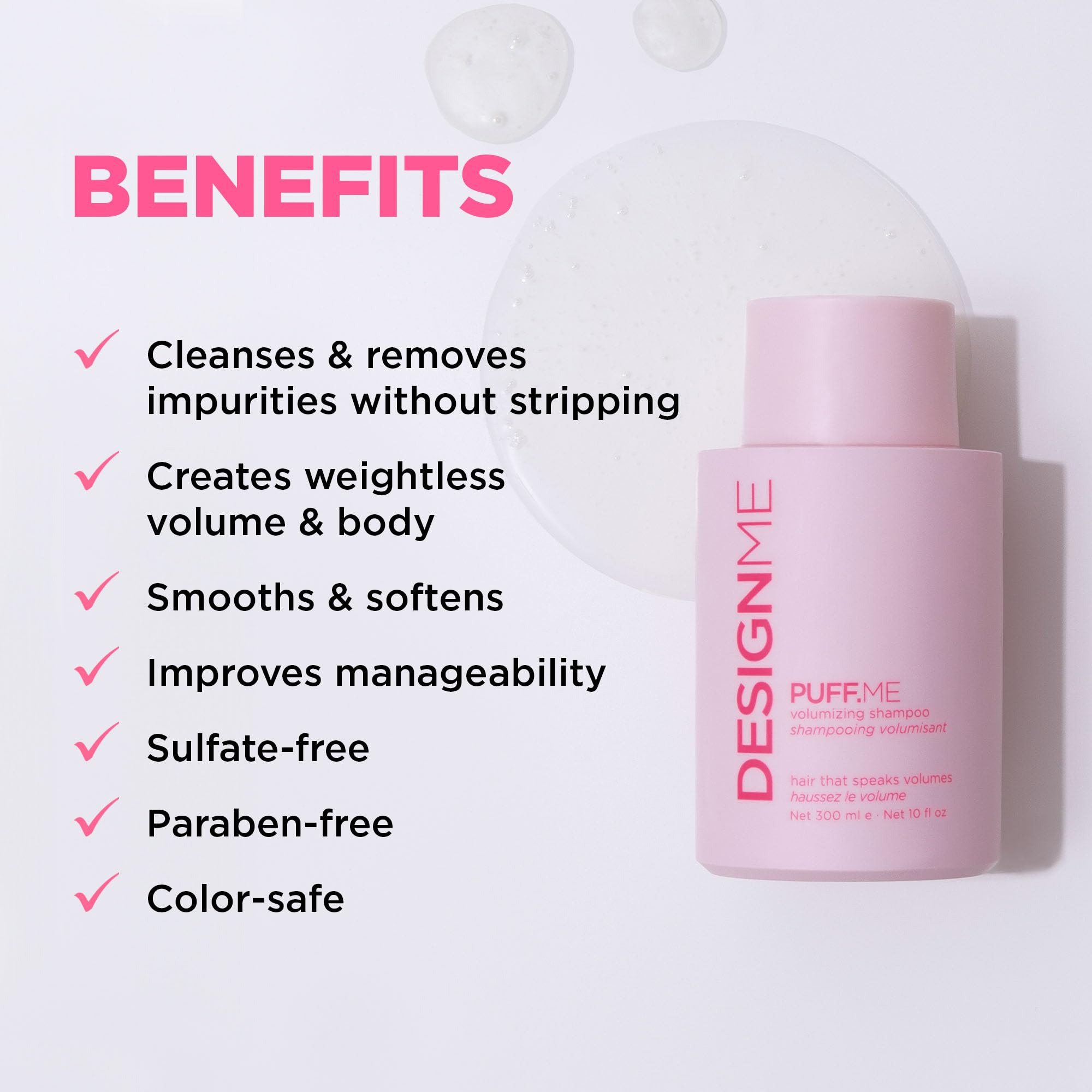 Design.Me PUFF.ME rich lather shown on hair, suggesting gentle cleansing.