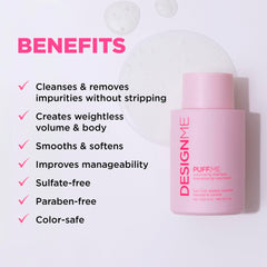 Design.Me PUFF.ME rich lather shown on hair, suggesting gentle cleansing.