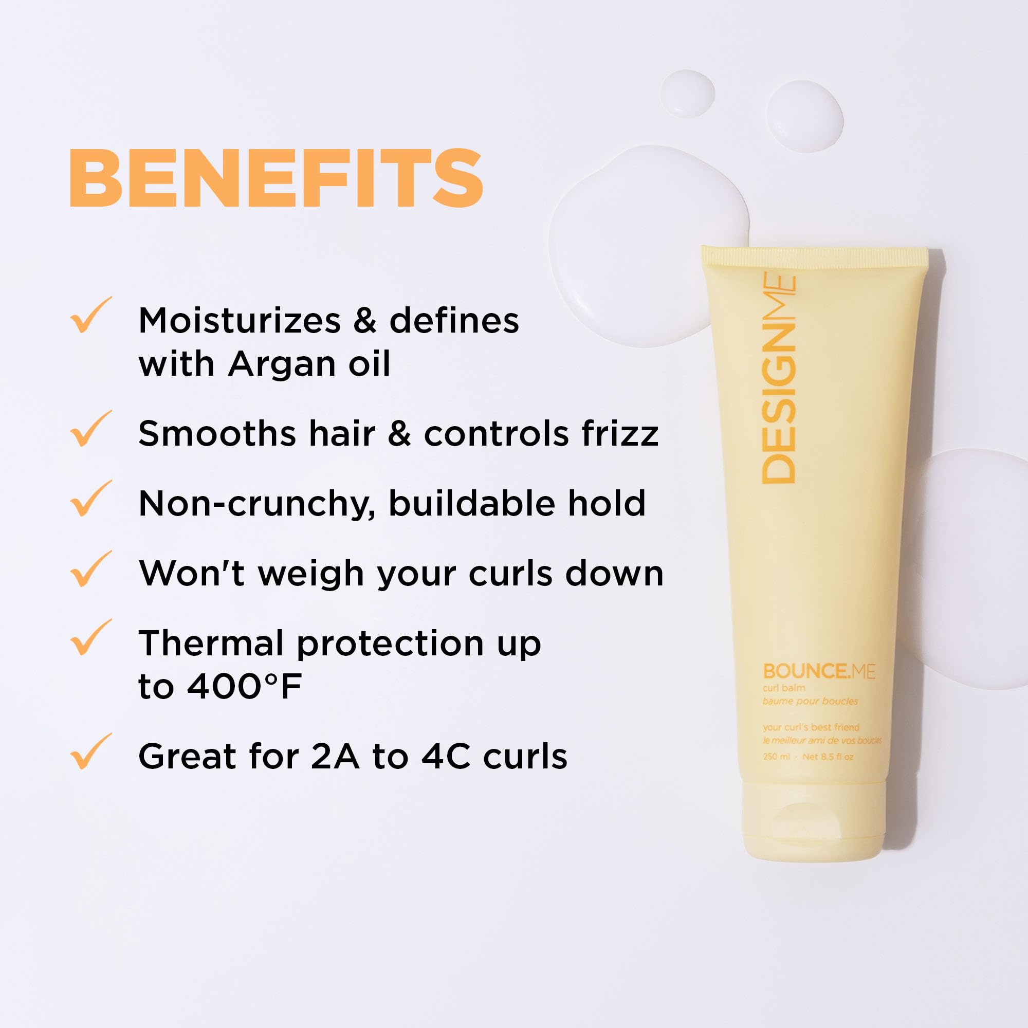 Design.Me BOUNCE.ME packaging close-up highlights argan oil for nourished shine.