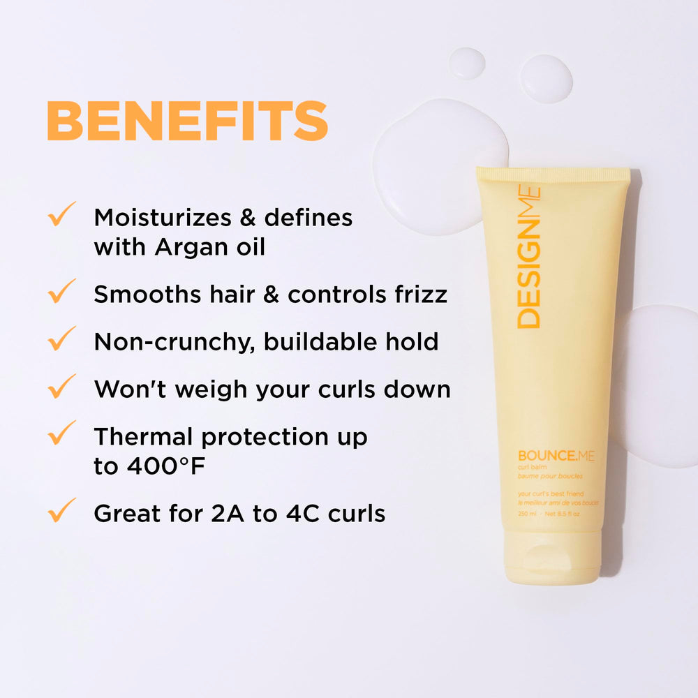 Design.Me BOUNCE.ME packaging close-up highlights argan oil for nourished shine.