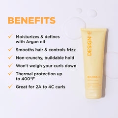 Design.Me BOUNCE.ME packaging close-up highlights argan oil for nourished shine.