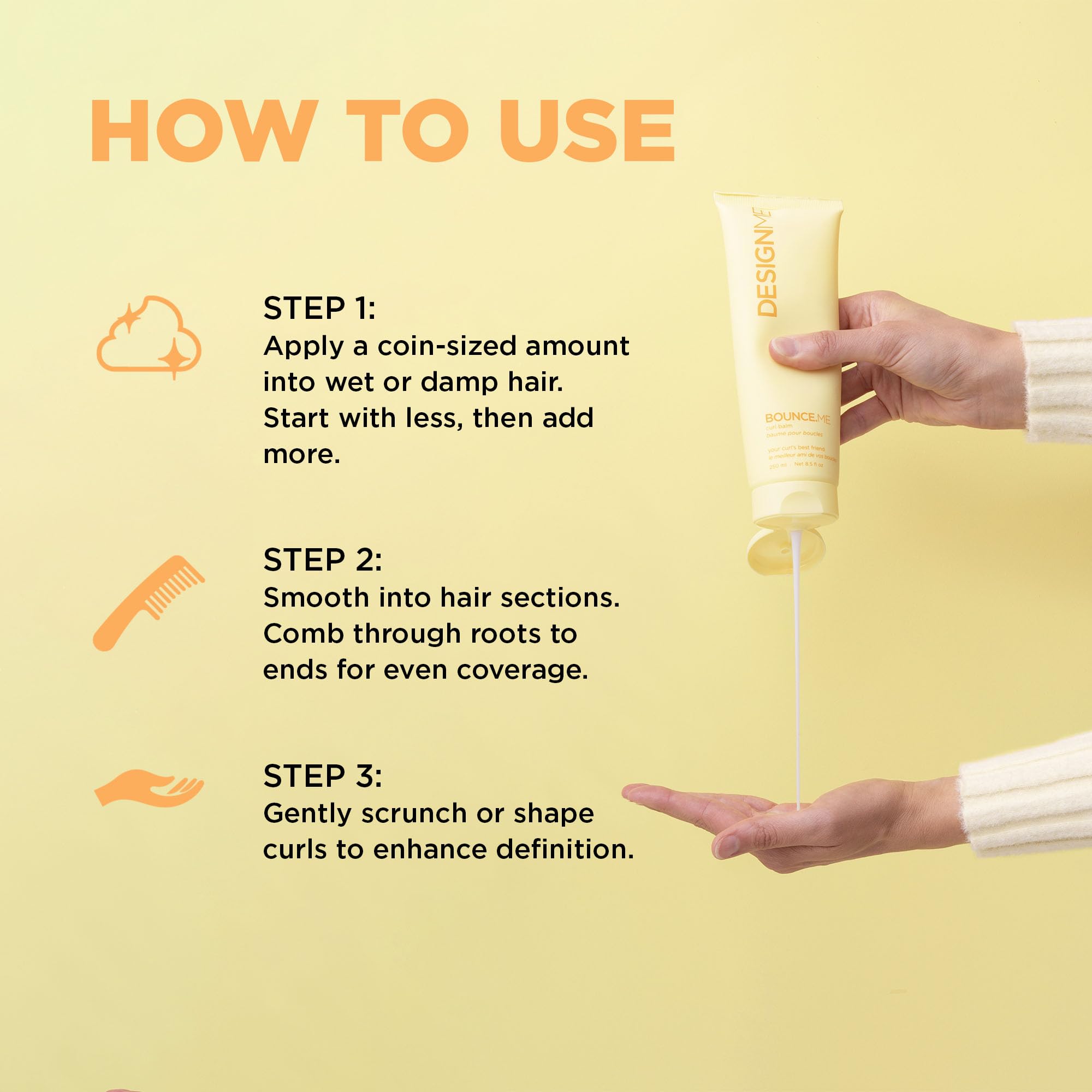 Design.Me BOUNCE.ME squeeze cap demonstrates controlled, easy portions for styling.