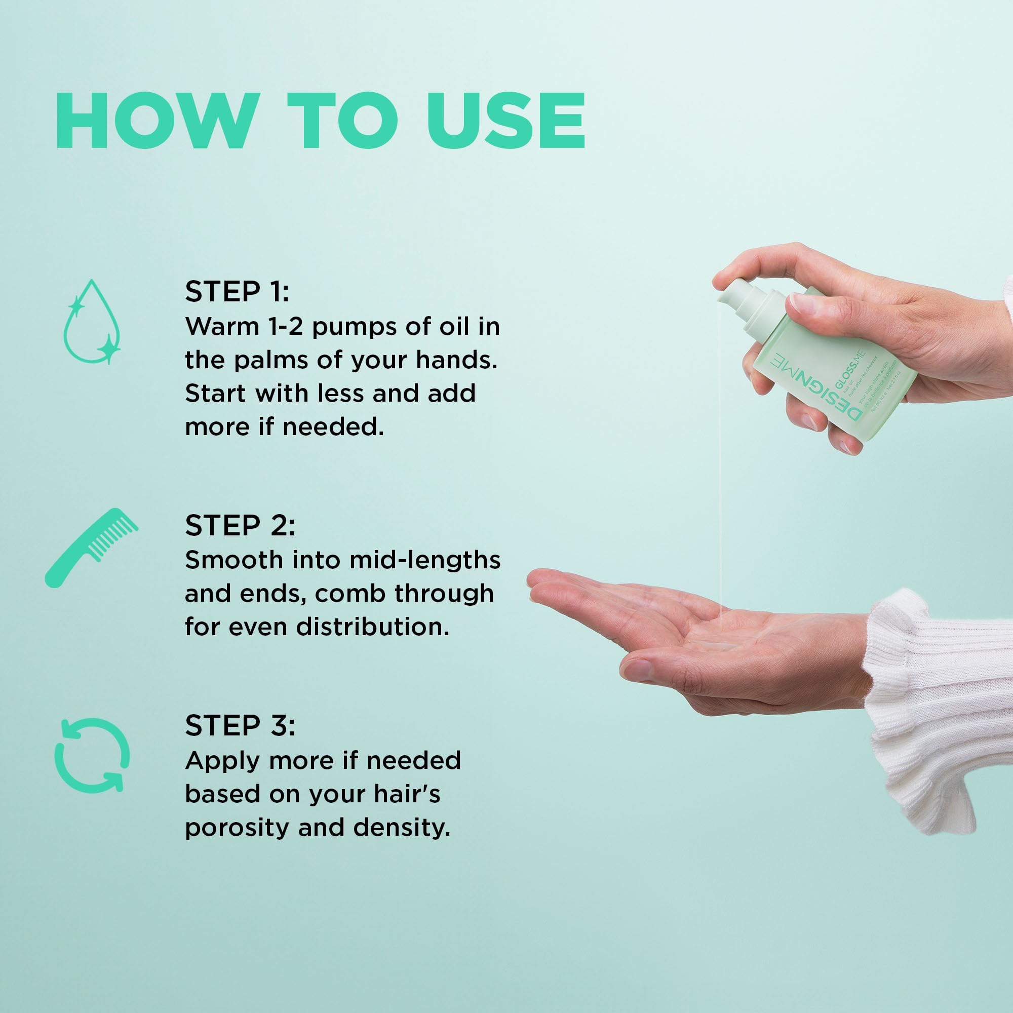 Design.Me GLOSS.ME serum on damp hair to improve manageability.