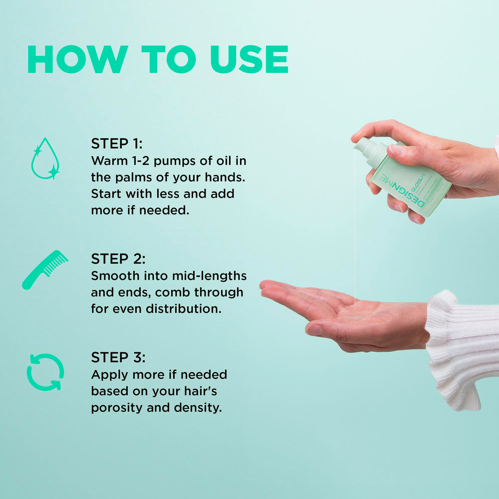 Design.Me GLOSS.ME serum on damp hair to improve manageability.