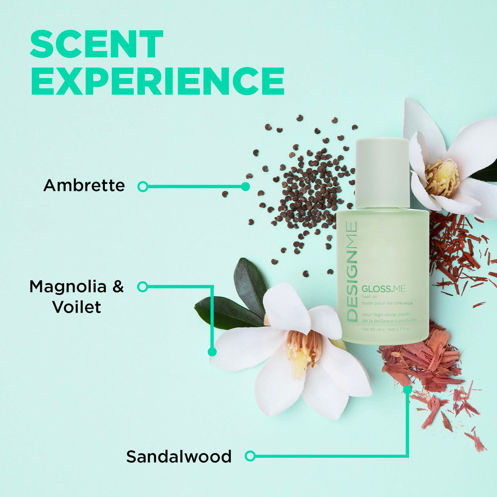 Hands applying Design.Me GLOSS.ME serum to smooth flyaways.