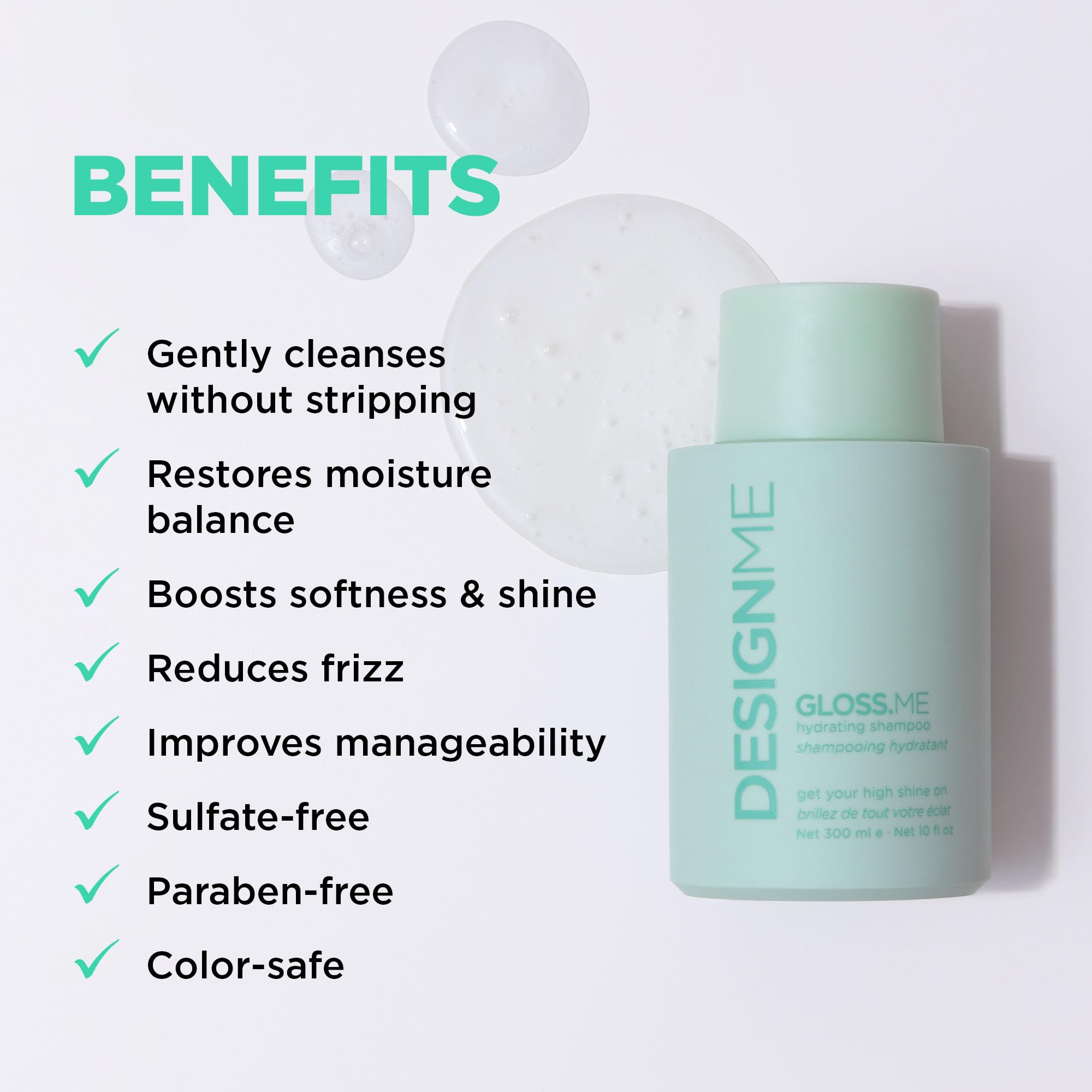 Design.Me GLOSS.ME bottle pours rich lather demonstrates gentle cleansing.