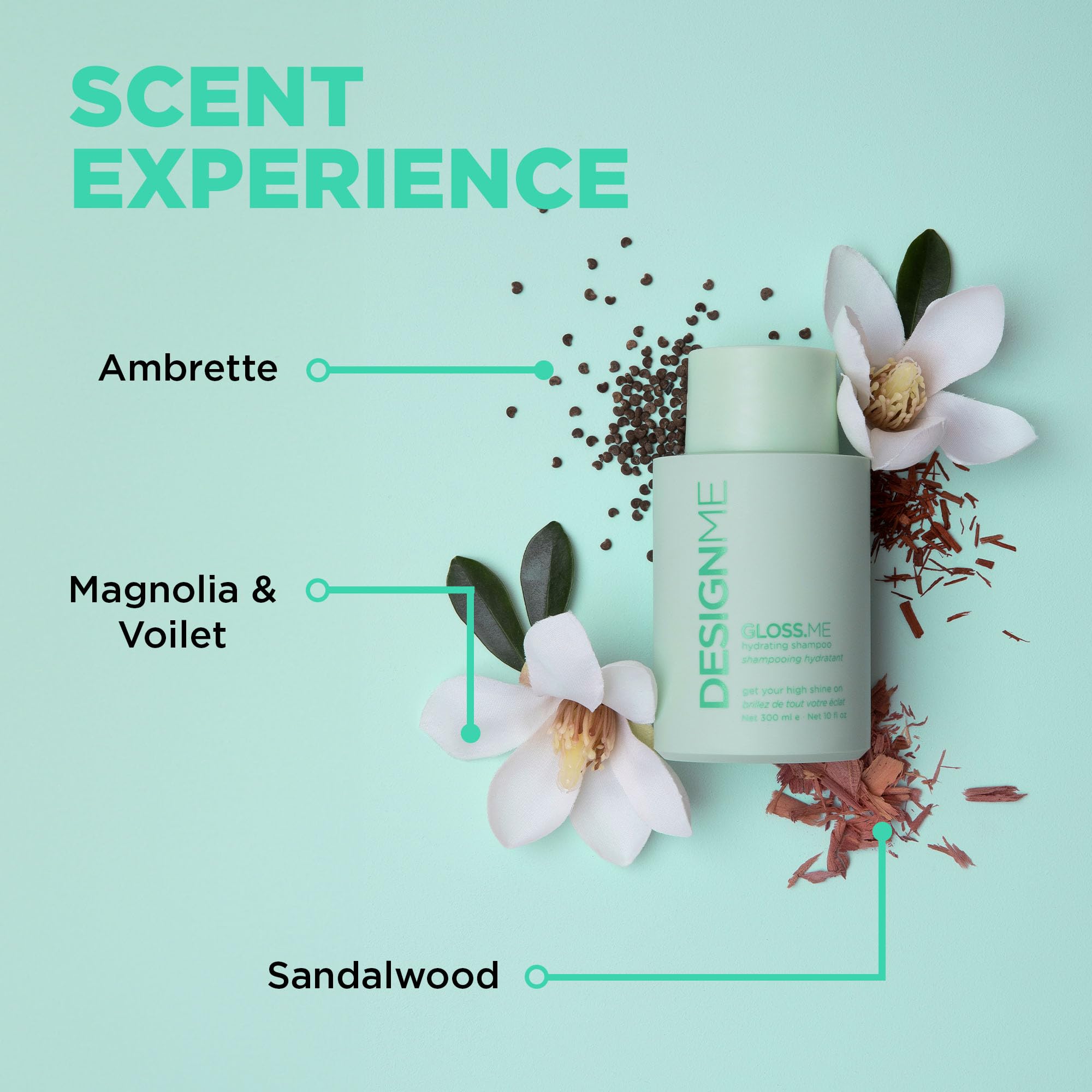 Design.Me GLOSS.ME ingredient shot shows hydrolyzed soy protein for stronger strands.