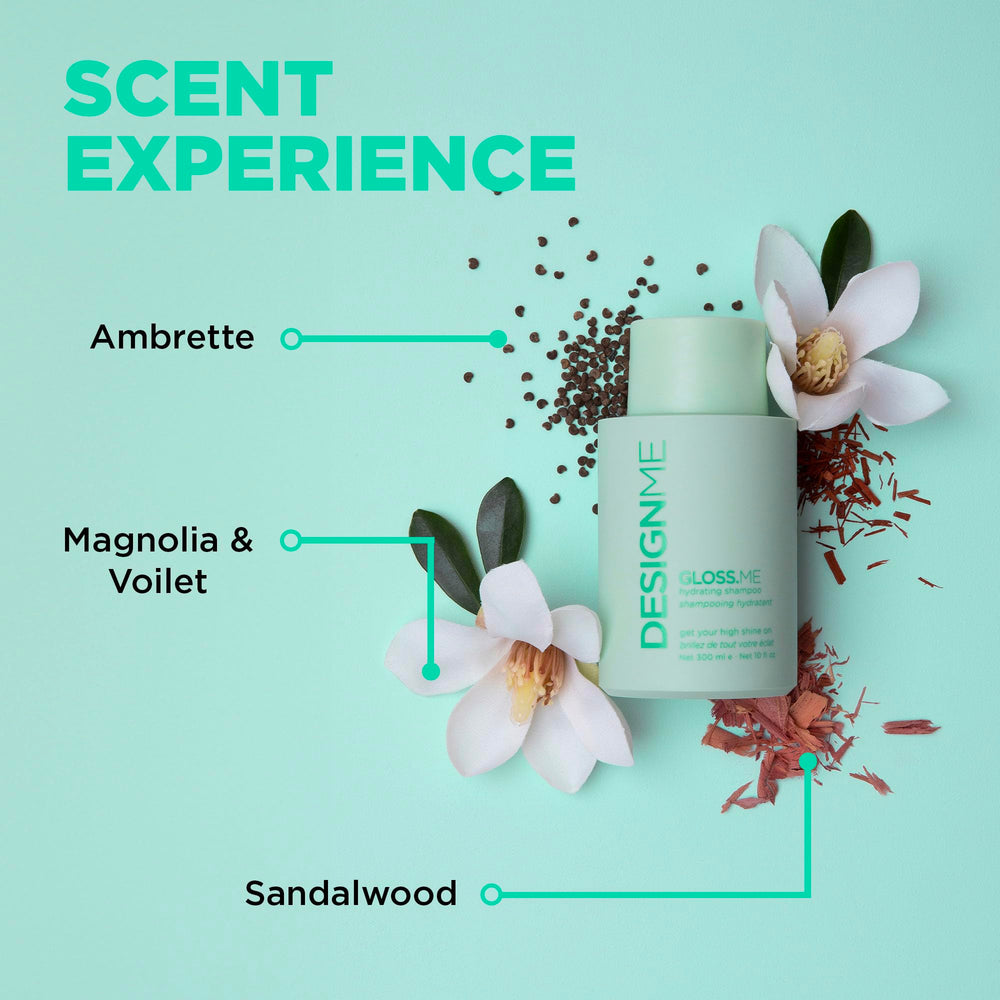 Design.Me GLOSS.ME ingredient shot shows hydrolyzed soy protein for stronger strands.