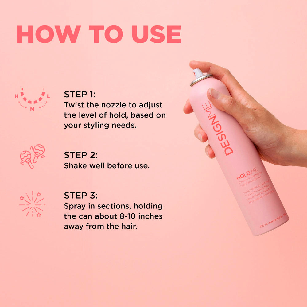 Design.Me Hold.Me high hold spray locks in looks with a firm yet touchable finish.