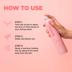 Design.Me Hold.Me high hold spray locks in looks with a firm yet touchable finish.
