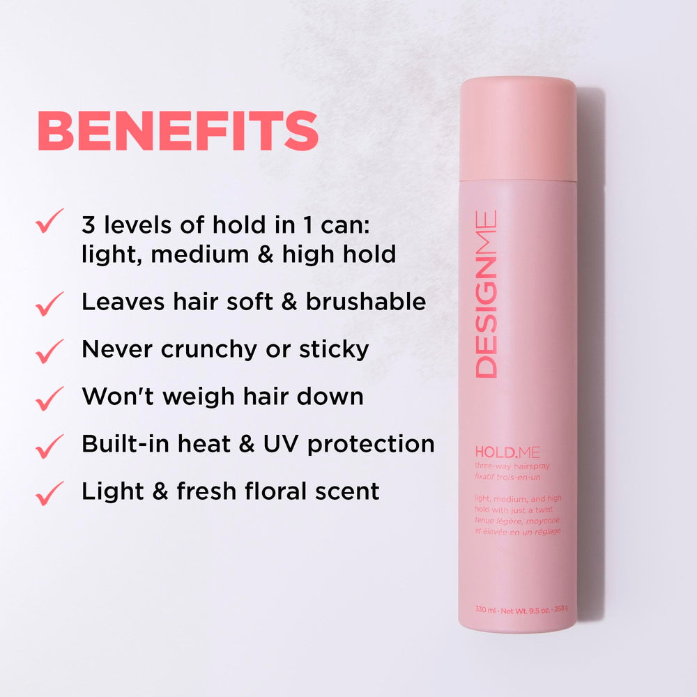 Design.Me Hold.Me light hold spray helps tame flyaways with a soft finish.