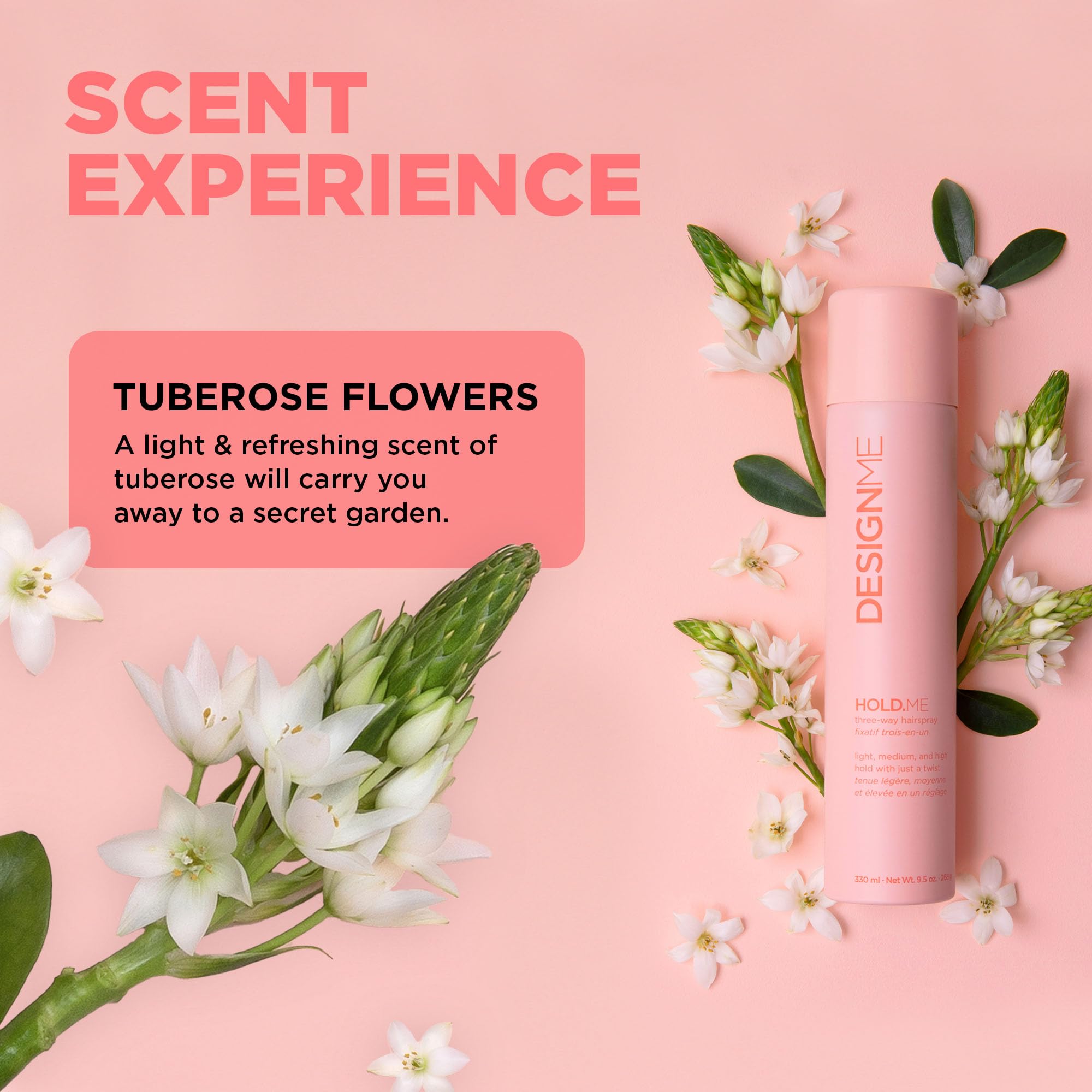 Design.Me Hold.Me bottle highlights thermal protection for heat styling routines.