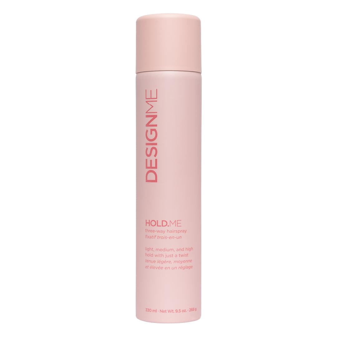 Design.Me Hold.Me three-way hairspray bottle showing versatile hold options for styling.