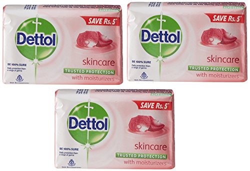 Dettol skincare soap triple pack on sink with lasting suds impression