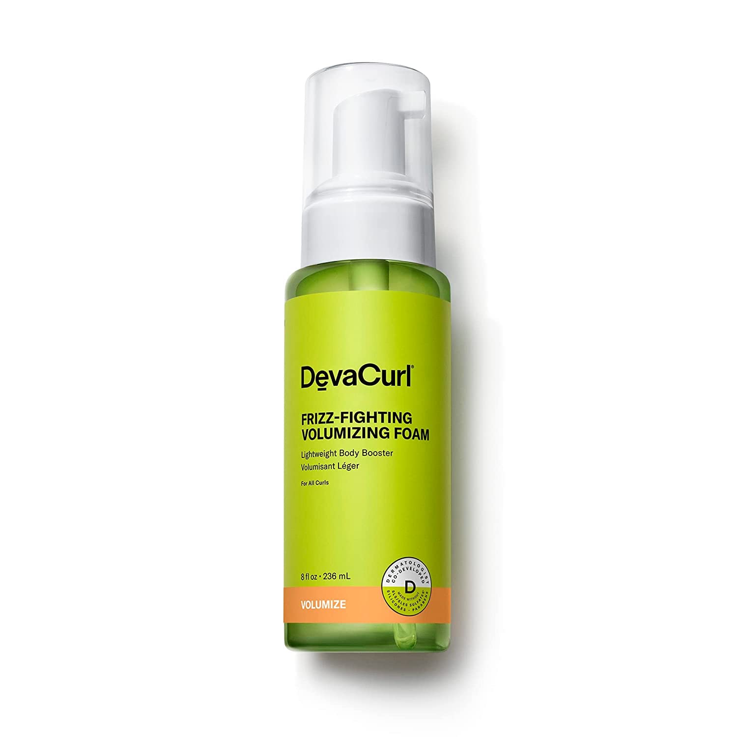 DevaCurl Frizz-Fighting Volumizing Foam bottle shows lightweight body and control