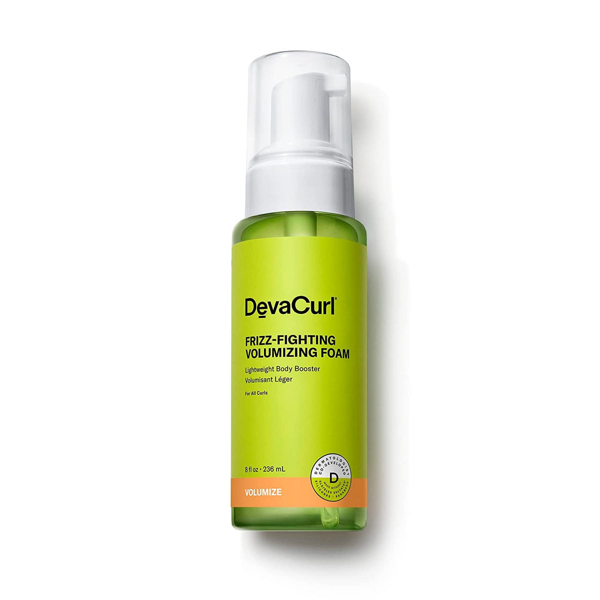 DevaCurl Frizz-Fighting Volumizing Foam bottle shows lightweight body and control