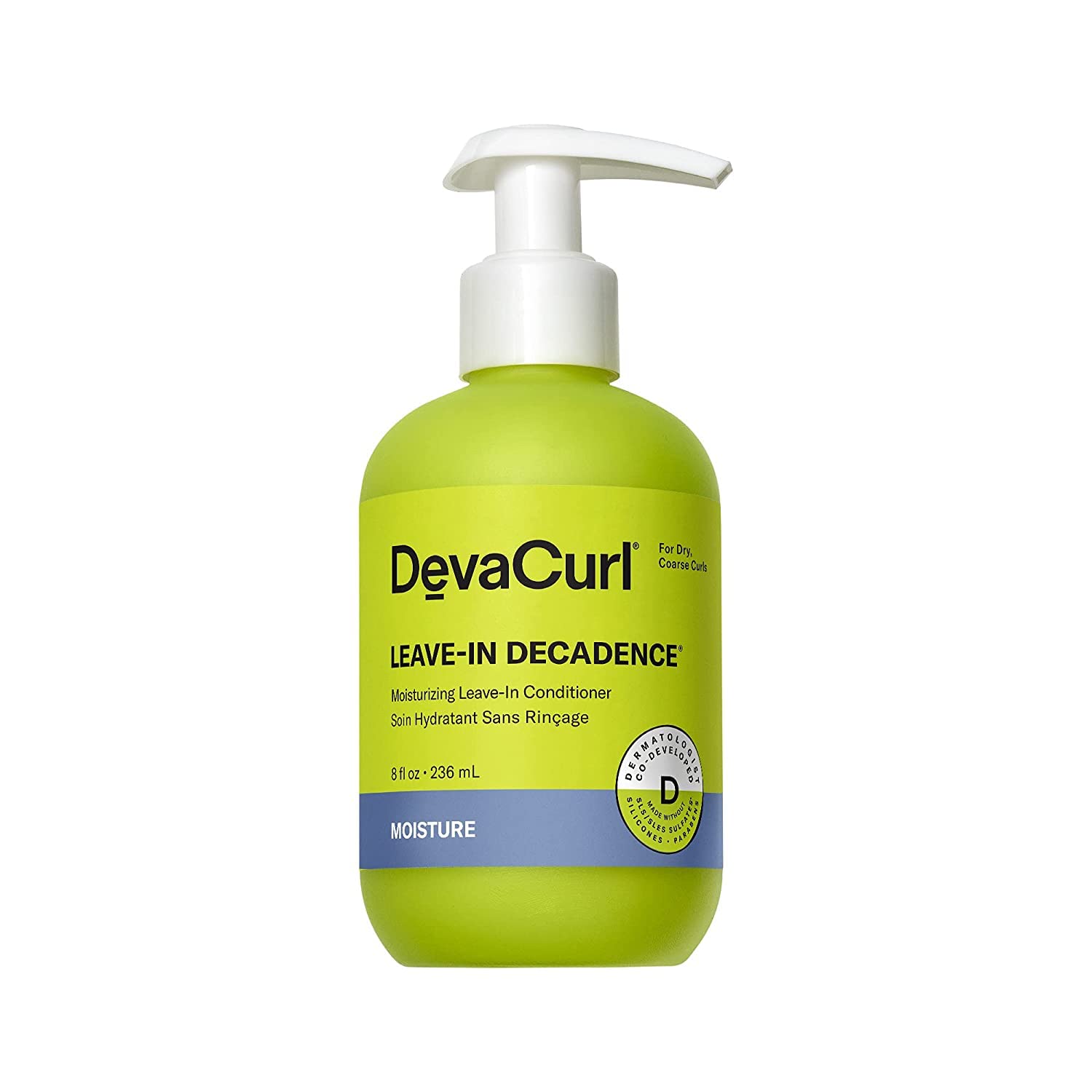 DevaCurl Leave-In Decadence Green Oasis bottle pour for instant hydration and shine.