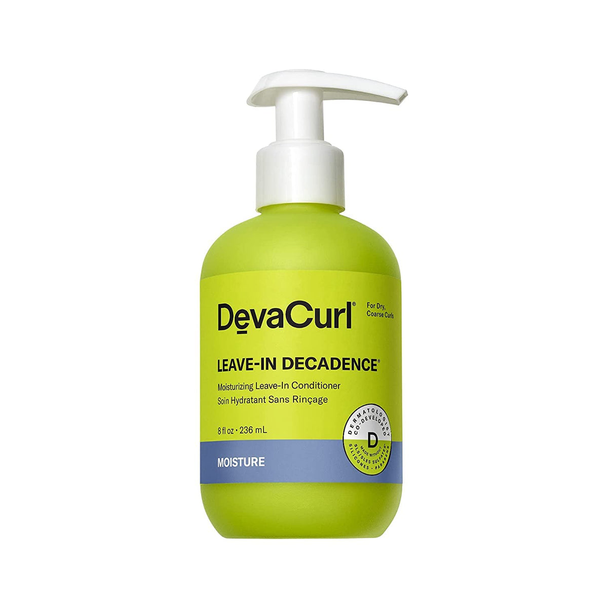 DevaCurl Leave-In Decadence Green Oasis bottle pour for instant hydration and shine.