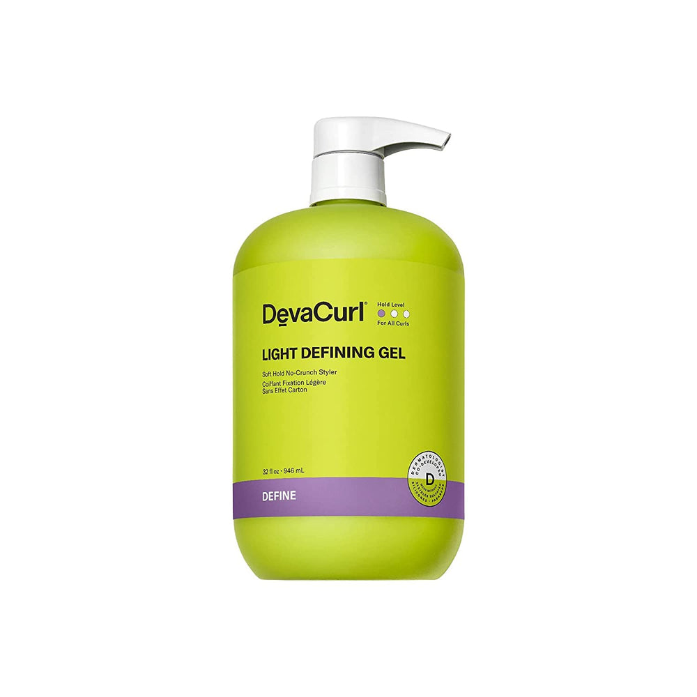 DevaCurl Light Defining Gel bottle with pump for defined curls and shine.