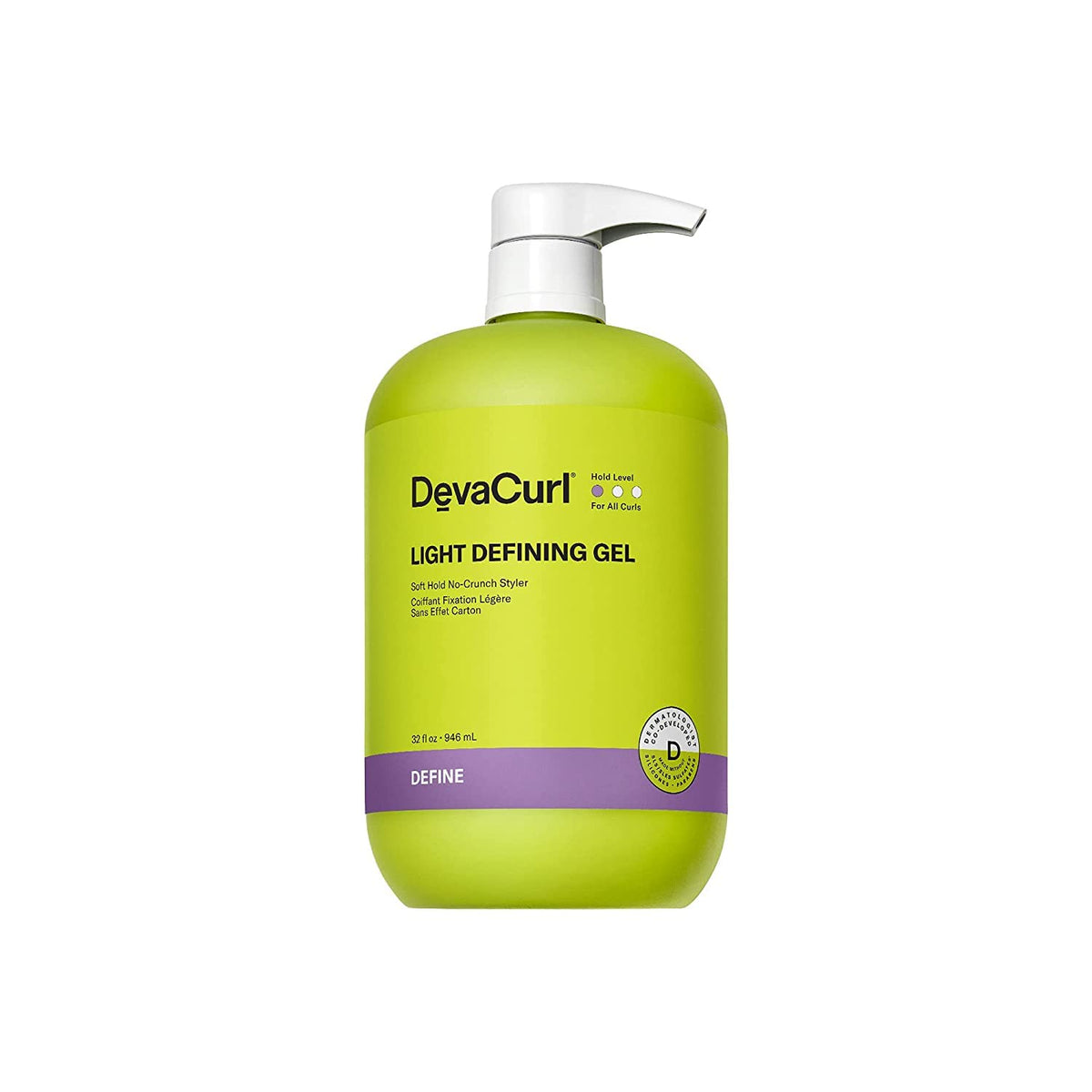 DevaCurl Light Defining Gel bottle with pump for defined curls and shine.