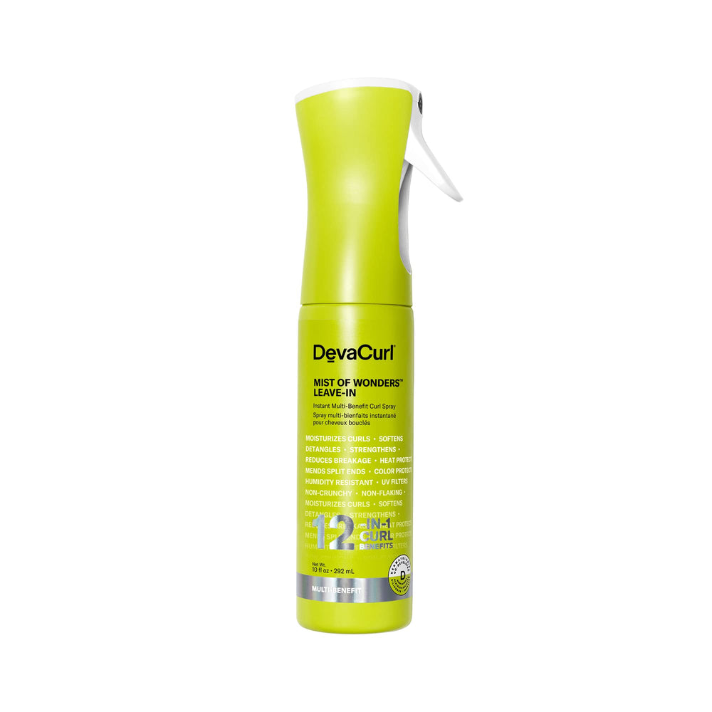 DevaCurl Mist of Wonders bottle pour for easy, even application on damp curls.