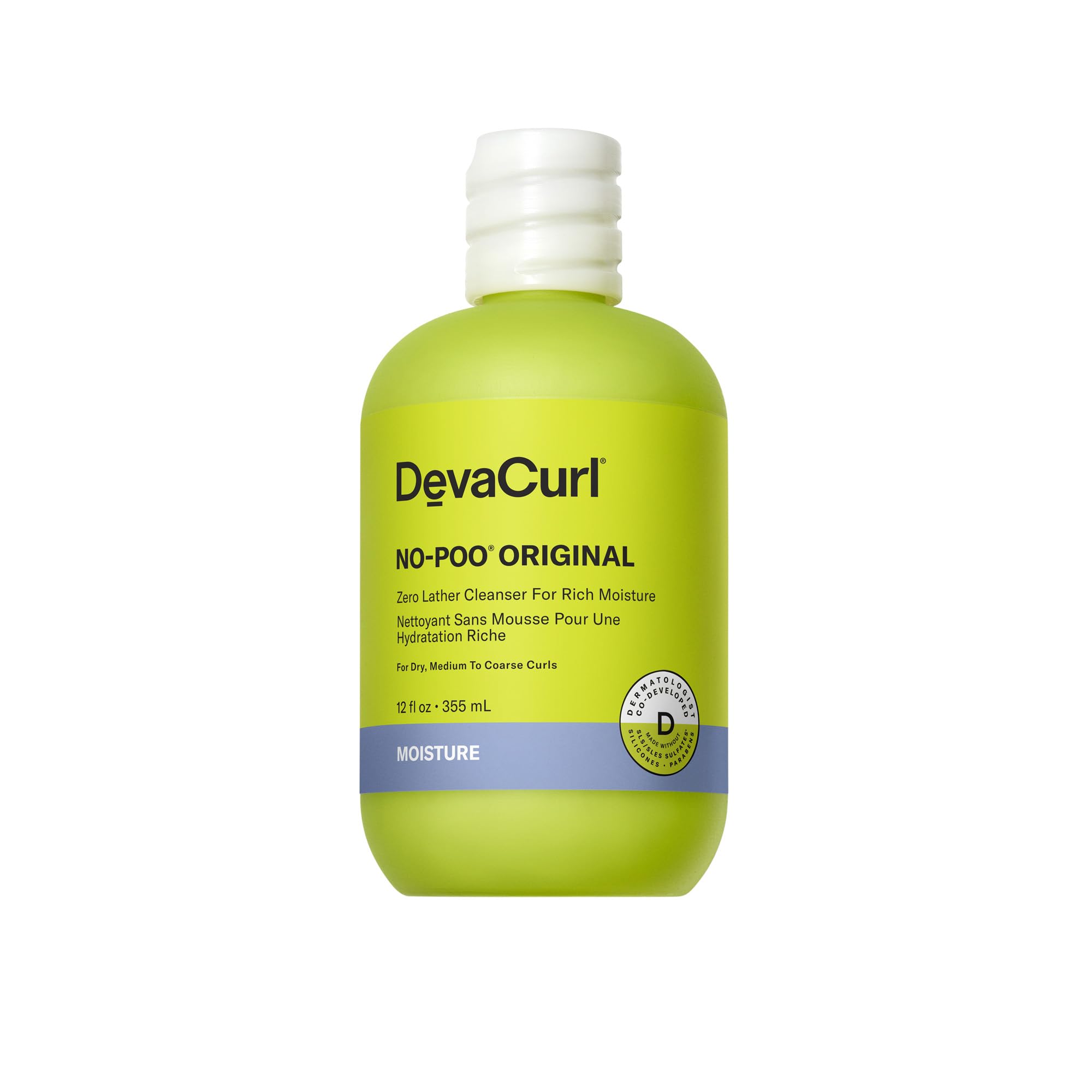DevaCurl No-Poo Original bottle with rose scent delivering rich moisture for curls.