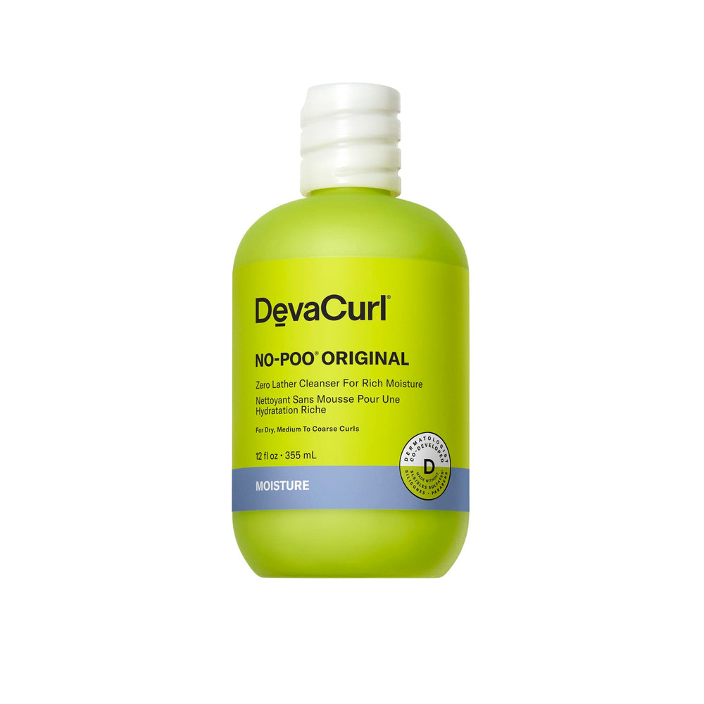 DevaCurl No-Poo Original bottle with rose scent delivering rich moisture for curls.