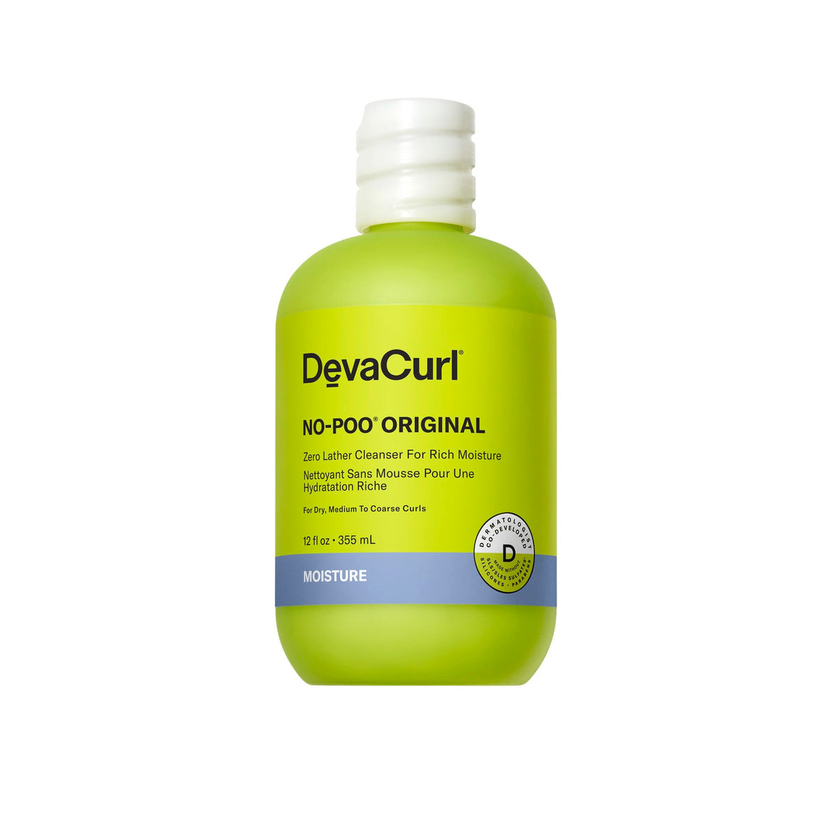 DevaCurl No-Poo Original bottle with rose scent delivering rich moisture for curls.